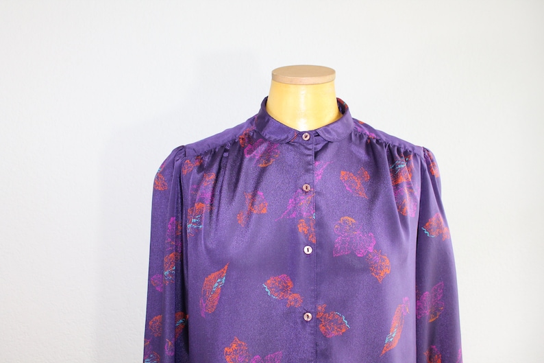 1960s I Magnin Silky Shirt Dress with Leaves Long Sleeves Medium or Large