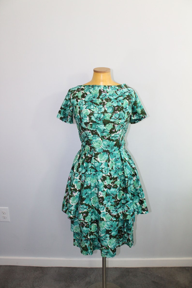 1950s Suzy Perette Teal Floral Party Dress // Extra Small image 3