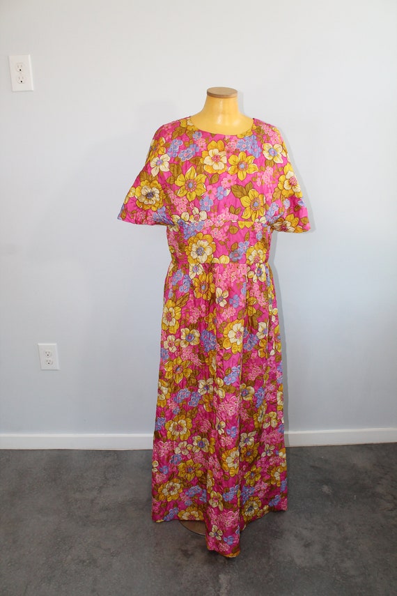 1960s Floor Length Flower Dress // Extra Large - image 3