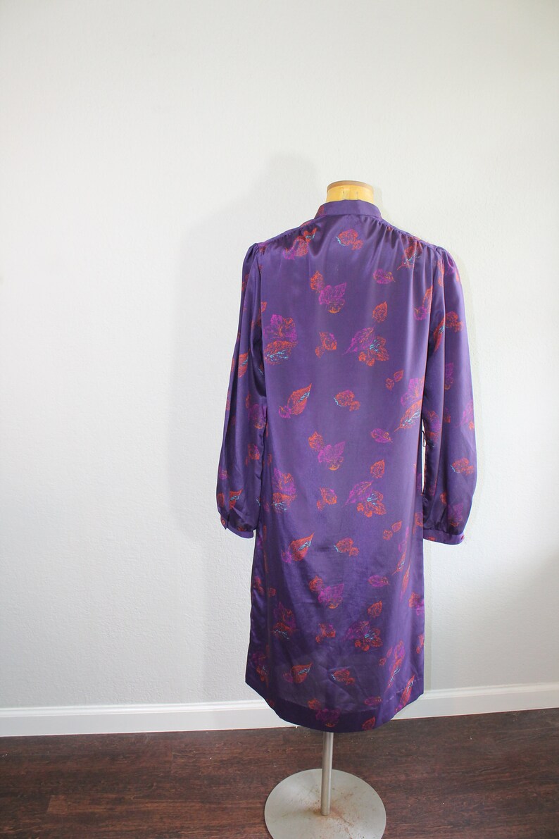 1960s I Magnin Silky Shirt Dress with Leaves Long Sleeves Medium or Large