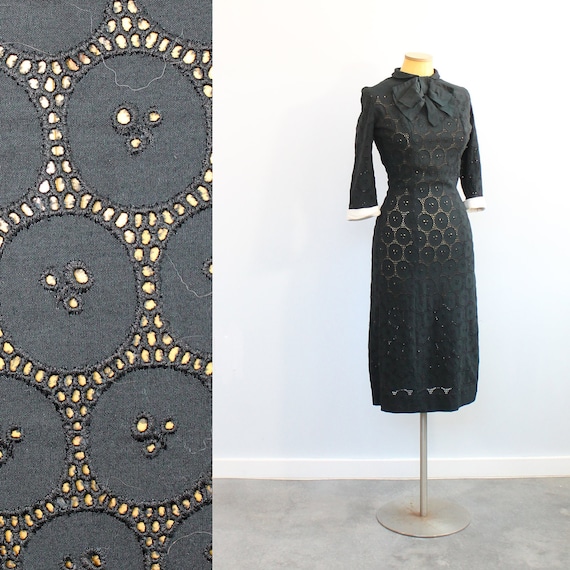 1950s Black Eyelet Lace Secretary Dress // Helen … - image 1