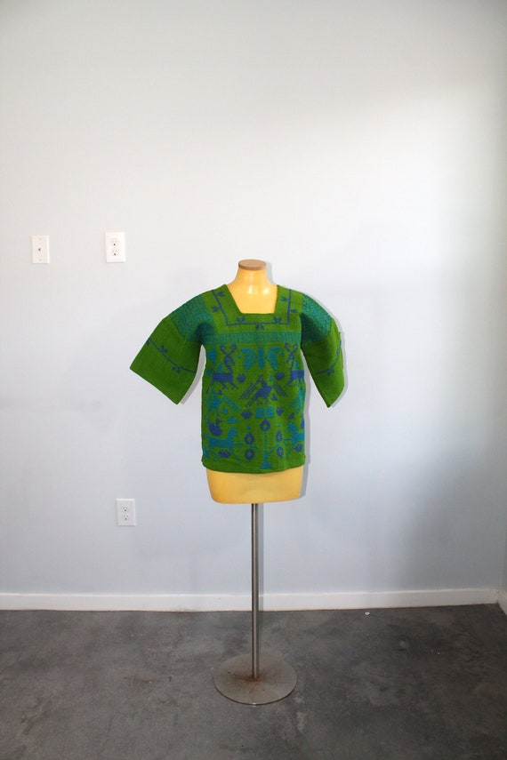 1970s Green Wool Hand Embroidered Mexican Tunic B… - image 2