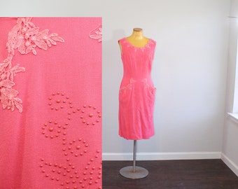 1950s Pink Rhinestone and Studs Wiggle Dress // Medium