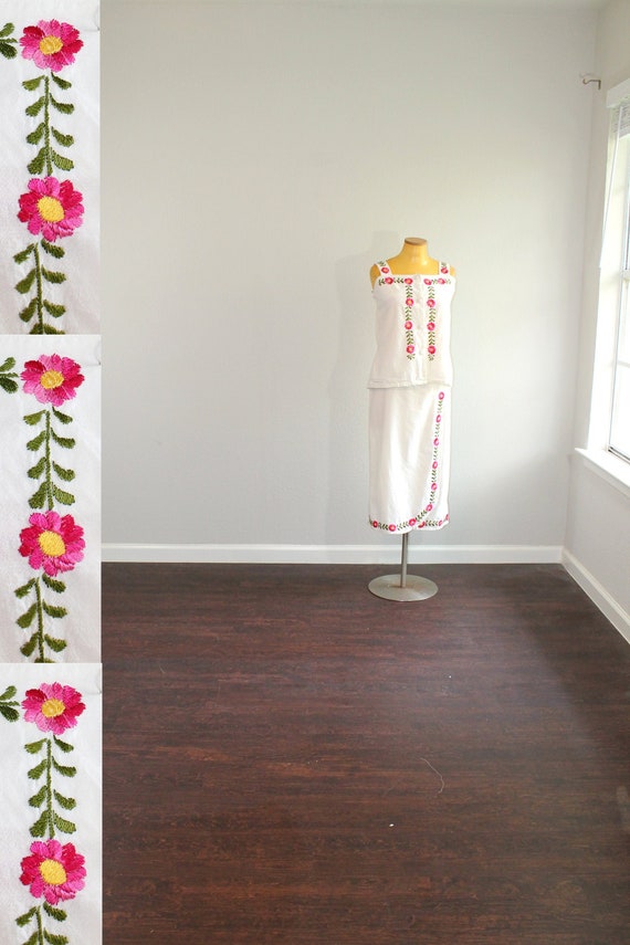 1990s Mexican White Floral Matching Top and Skirt