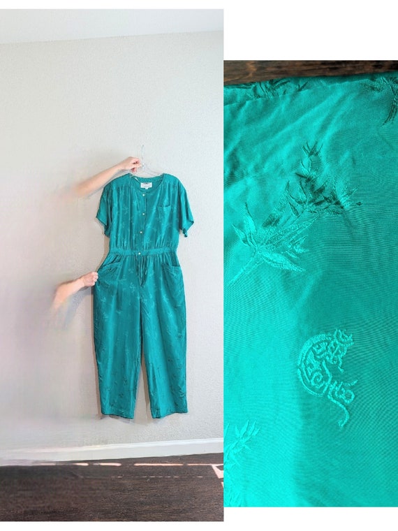 1980s Green Silk Bamboo Leaf Print Jumpsuit // Med