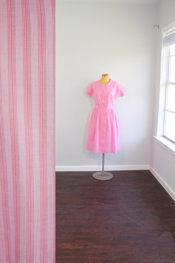 1960s Cotton Candy Pink Striped Shirtdress // Med… - image 1