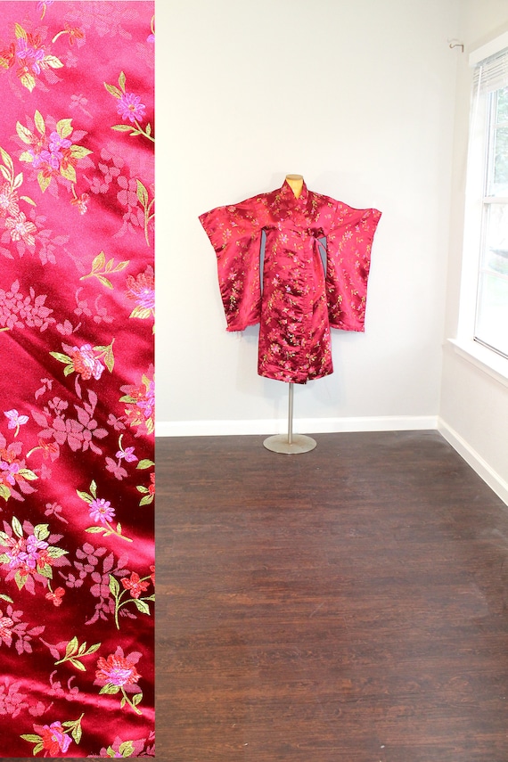 1990s Red Satin Floral Kimono Robe/Jacket/Dress /… - image 1