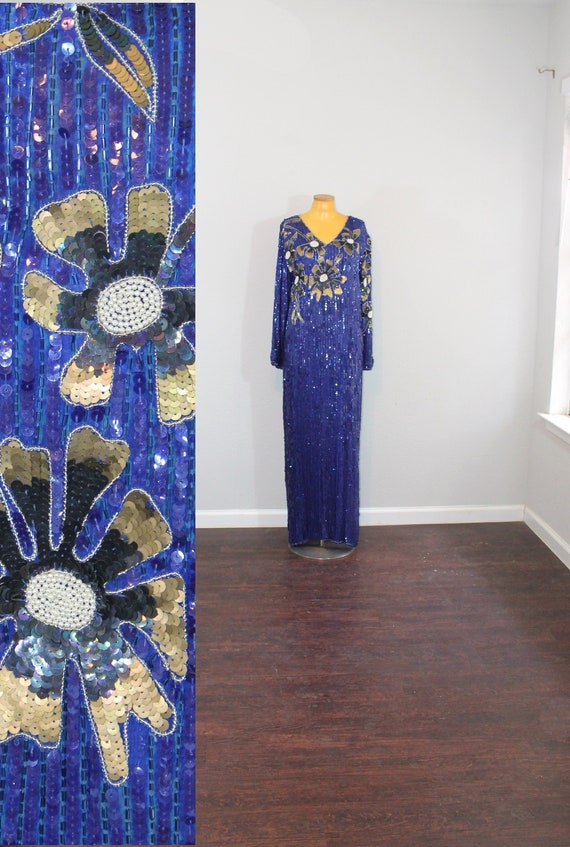 1970s NOS Floral Sequin and Beaded Silk Gown // Me