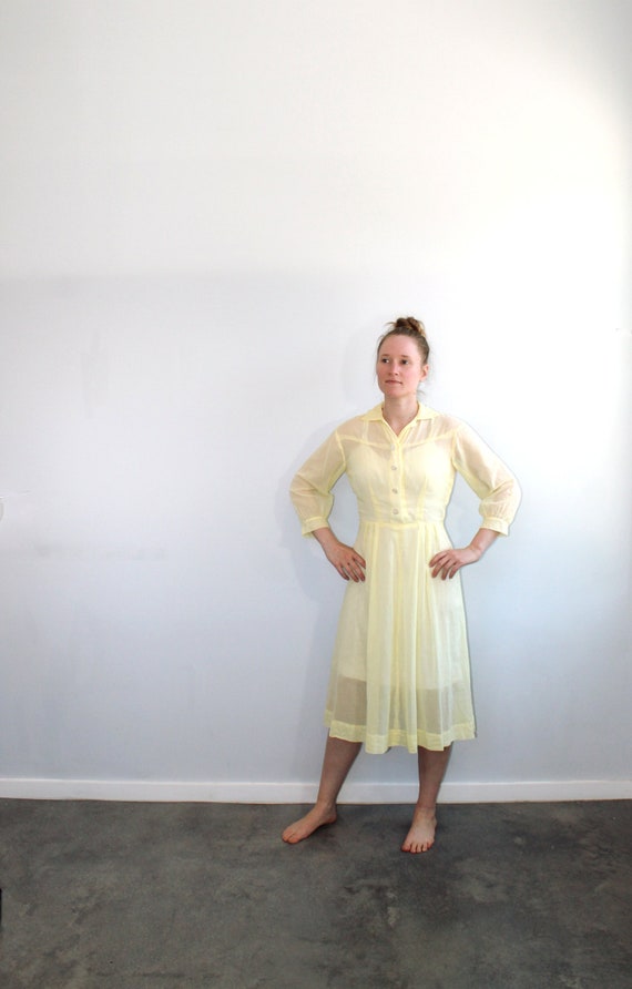 1950s Sheer Cotton Lawn Pastel Yellow Shirtdress … - image 5