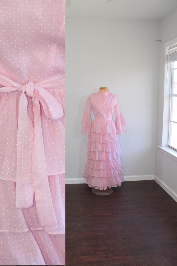 1960s Pink Swiss Dot Tiered Ruffle Maxi Dress // M