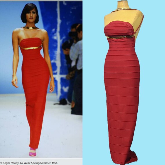 RESERVED *** 1990s Herve Leger Couture Red Bandage Gown With Gold Metal  Necklace // XS - Etsy