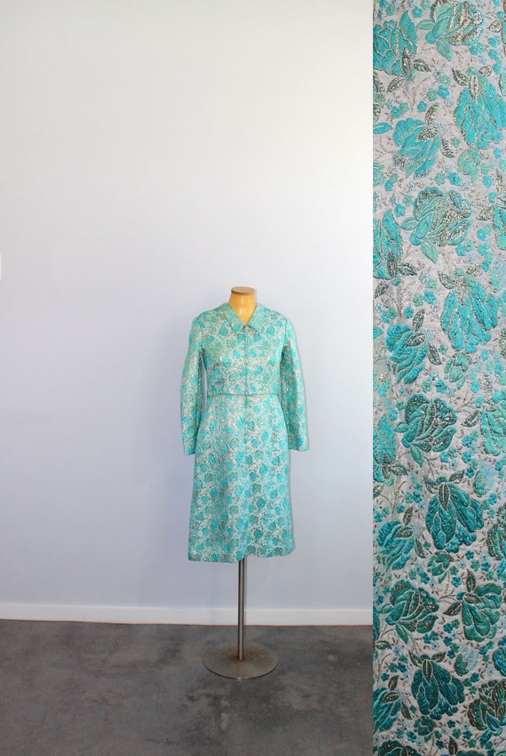 1960s Turquoise Floral Brocade Long Sleeve Party D