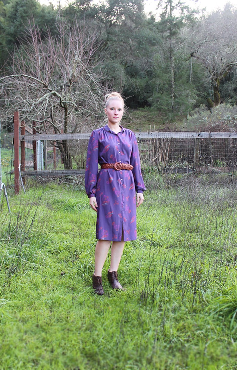 1960s I Magnin Silky Shirt Dress with Leaves Long Sleeves Medium or Large