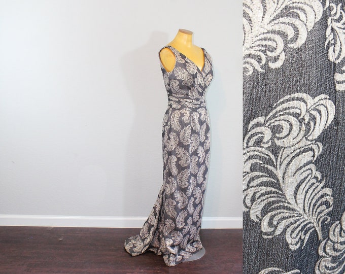 1950s Robert Morton Silver Lame Feather Print Evening Gown With Train ...