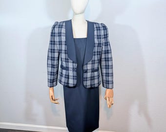 1980s Galanos Dark Blue Plaid Dress Suit Set // Large