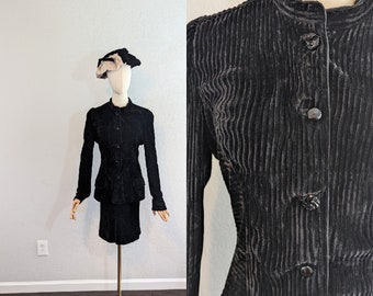 1980s Christine Albers Black Velvet Corduroy Skirt Suit // Small