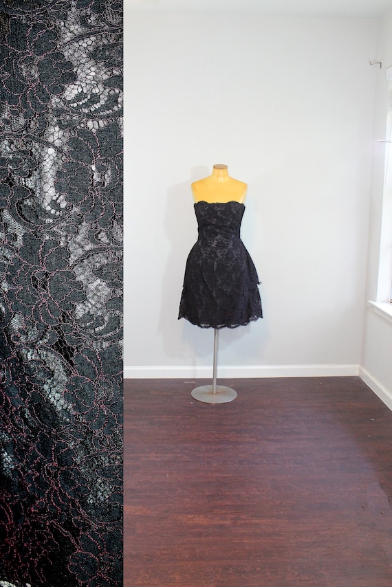 1980s Victor Costa Black Lace Strapless Bustled Pa