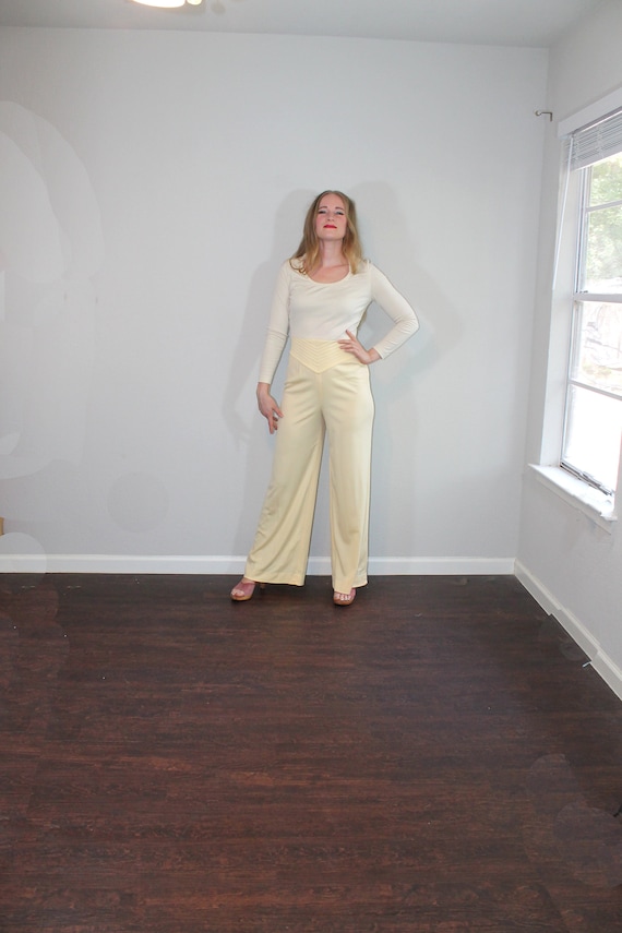 1970s Beige and Yellow Disco Wide Leg Jumpsuit //