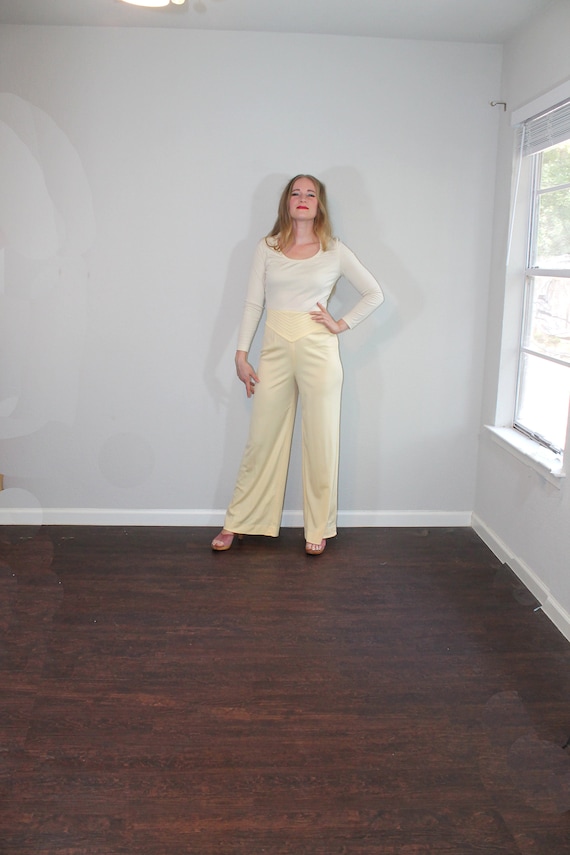 1970s Beige and Yellow Disco Wide Leg Jumpsuit // 