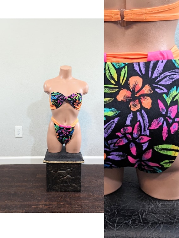 1980s Jantzen Electric Beach High Cut Floral Bikini /… Gem