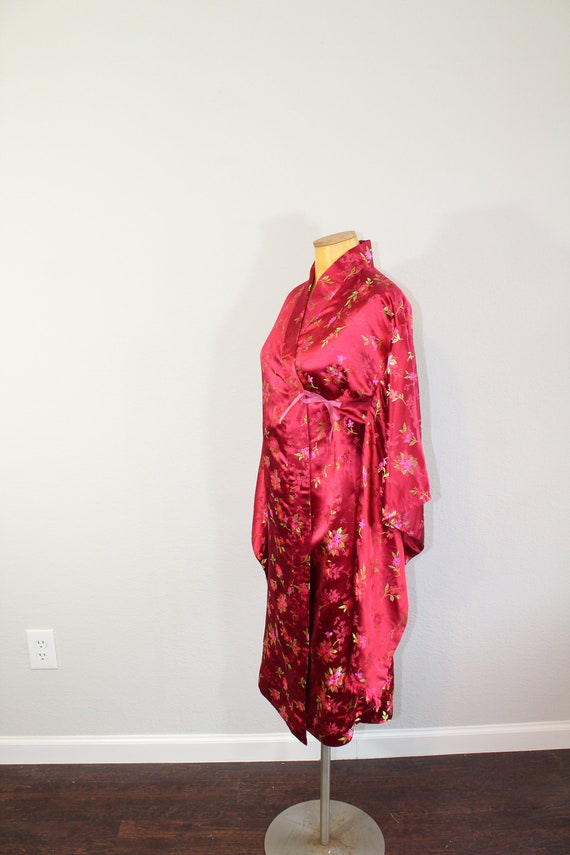1990s Red Satin Floral Kimono Robe/Jacket/Dress /… - image 5