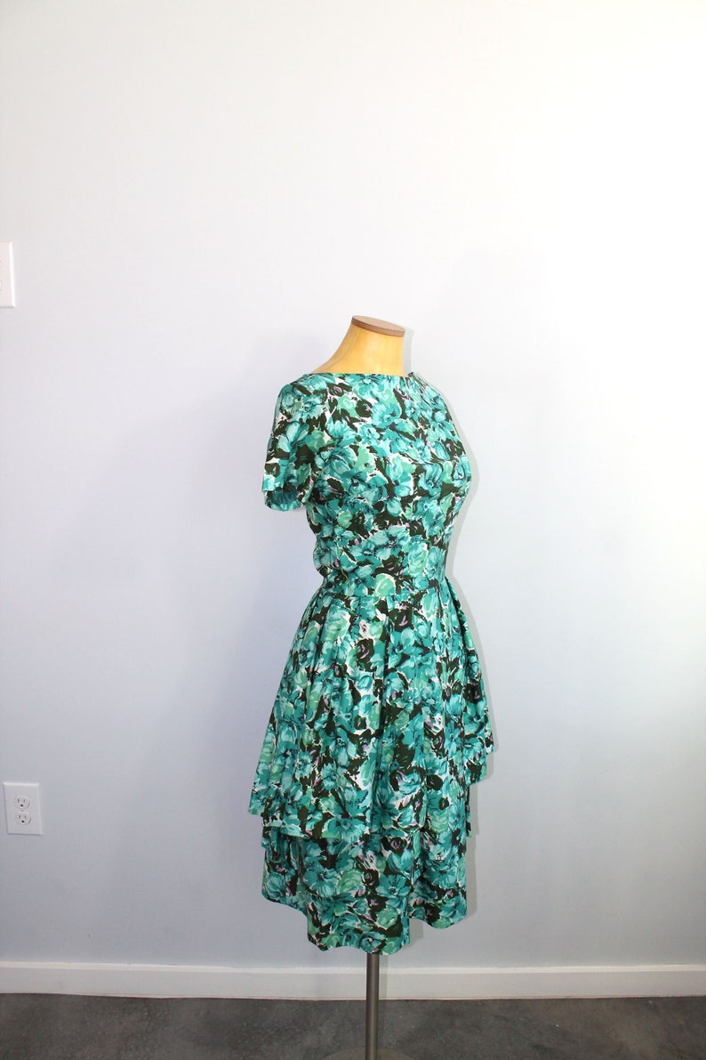 1950s Suzy Perette Teal Floral Party Dress // Extra Small image 2