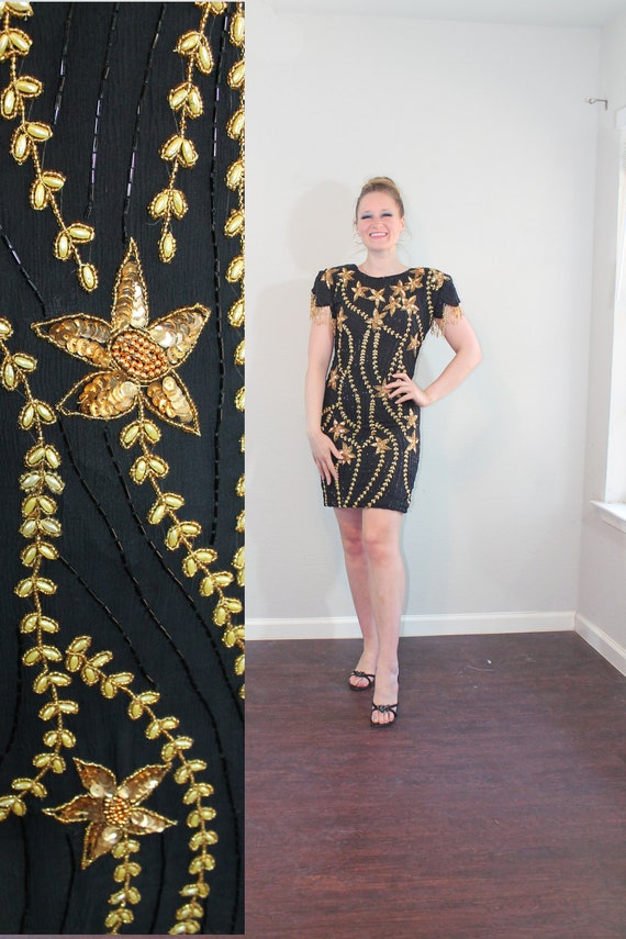 1980s NOS Silk Beaded Star Flower Mini Dress // M… - image 1