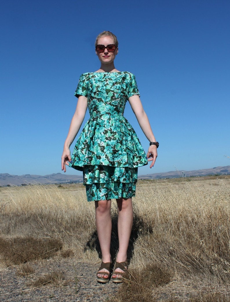 1950s Suzy Perette Teal Floral Party Dress // Extra Small image 5