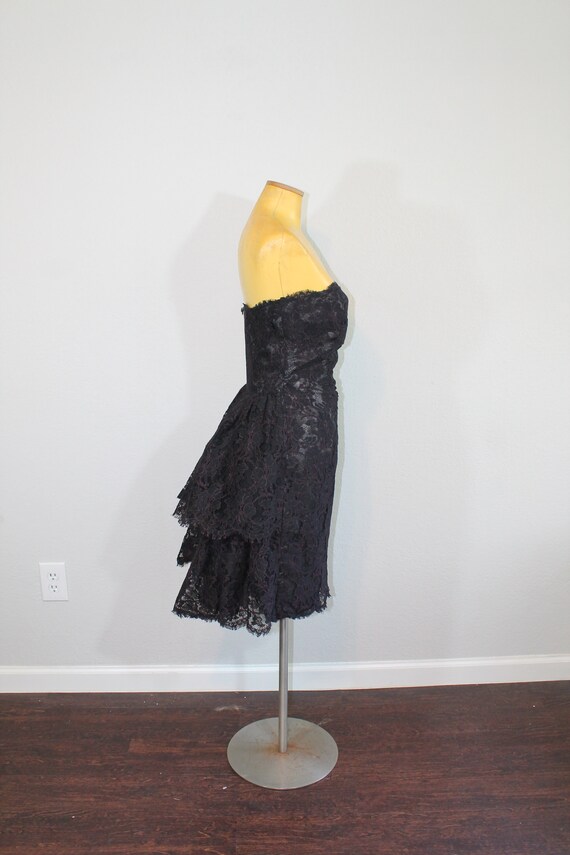 1980s Victor Costa Black Lace Strapless Bustled P… - image 3