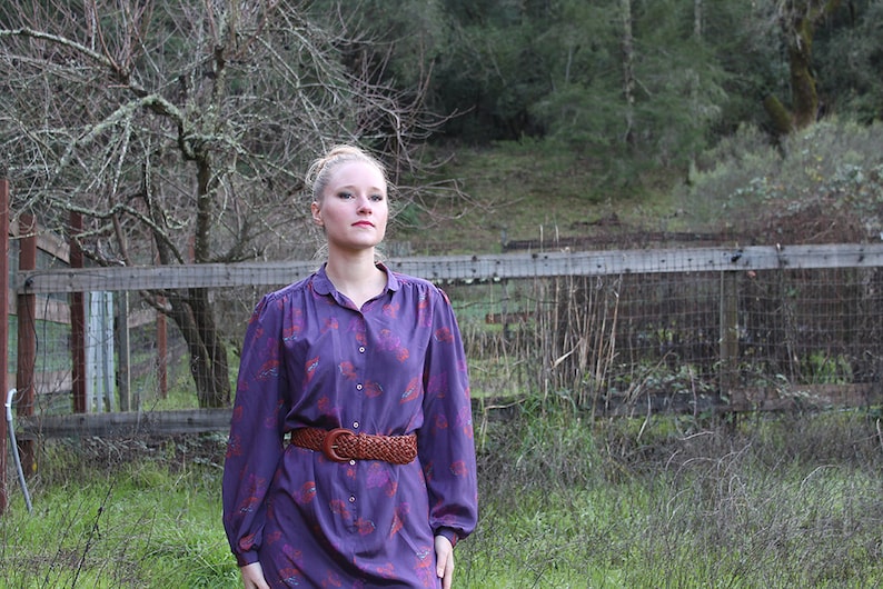1960s I Magnin Silky Shirt Dress with Leaves Long Sleeves Medium or Large