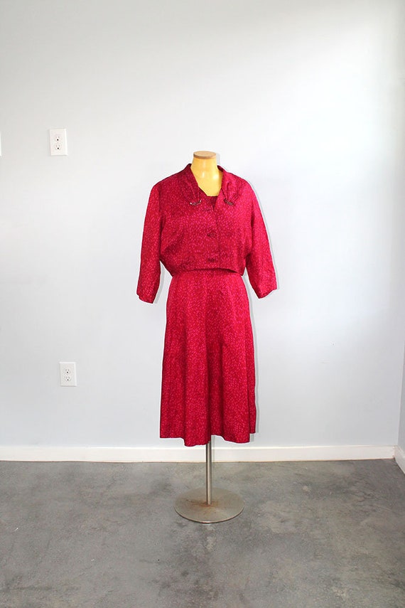 1940s Slimaker Magenta Pink Silk Dress Suit Large or Extra Large