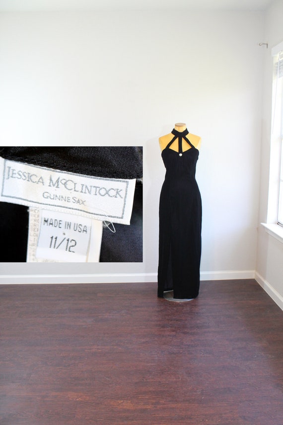 1990s Gunne Sax Jessica McClintock Black Velvet Ha