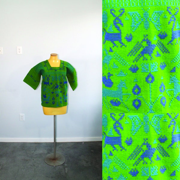 1970s Green Wool Hand Embroidered Mexican Tunic Blouse // Medium or Large