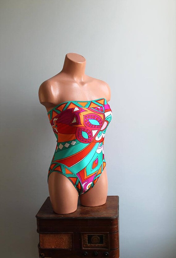 1990s Gottex Abstract Printed Strapless Swimsuit /