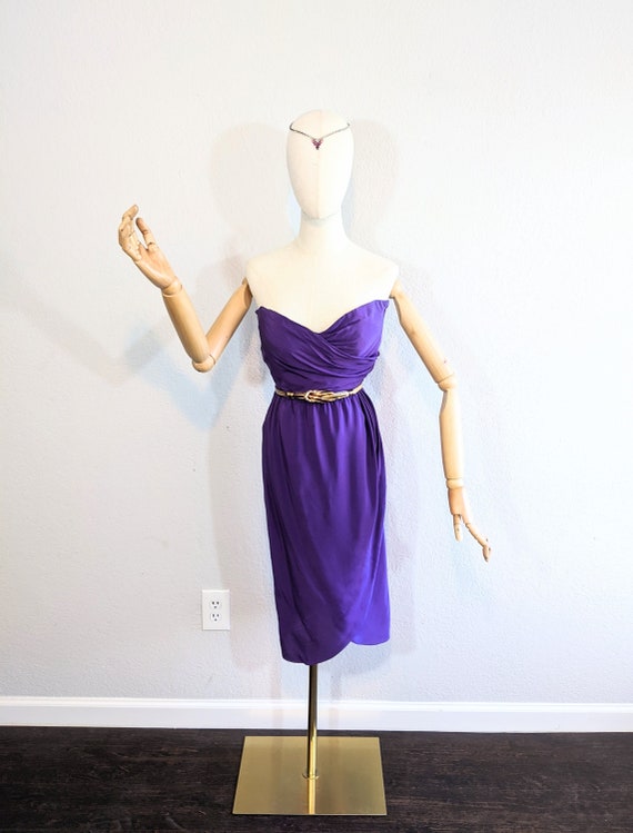 1980s Bill Blass Purple Silk Strapless Cocktail Dr