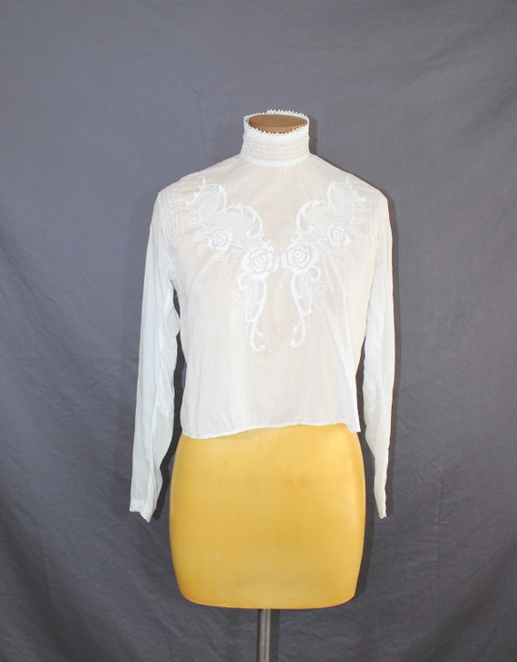 Antique Edwardian White Floral Embroidered Blouse… - image 3