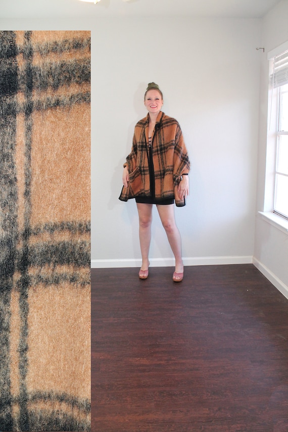 1960s Bonwit Teller Tan Plaid Wool Cape