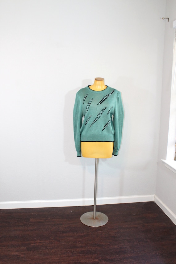 1980s Piat Ltd Teal Knit Graphic Sweater // Mediu… - image 1