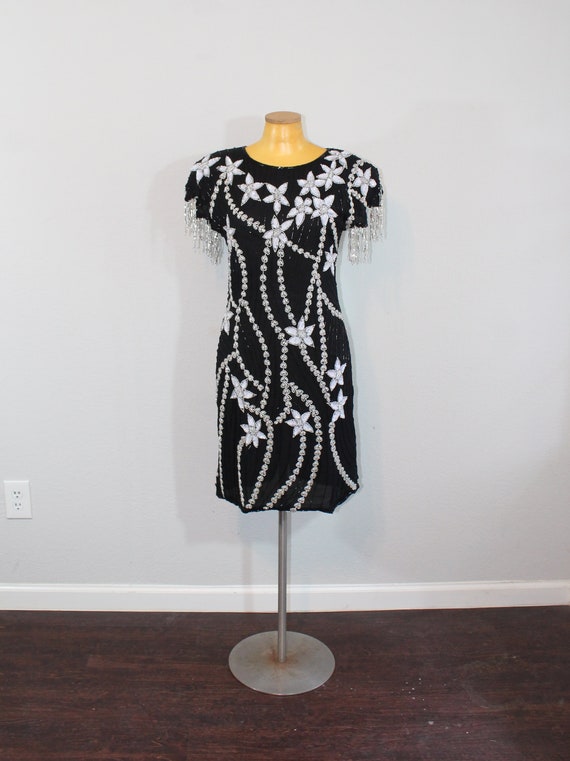 1980s NOS Silk Beaded Star Flower Mini Dress // M… - image 8