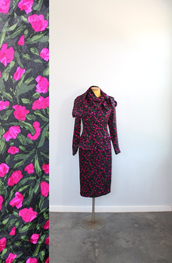 1980s Silk Rose Print Custom Skirt Suit Set with S