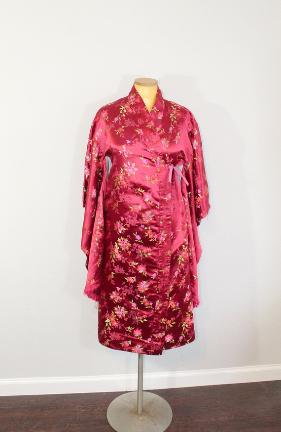 1990s Red Satin Floral Kimono Robe/Jacket/Dress /… - image 2