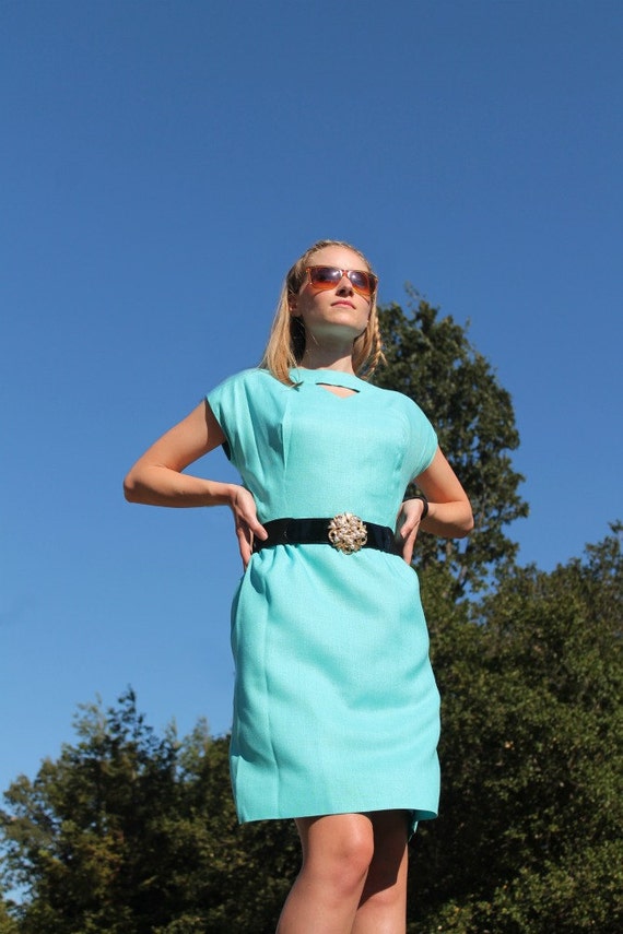 1960s Turquoise Keyhole Dress  // Size Large - image 8