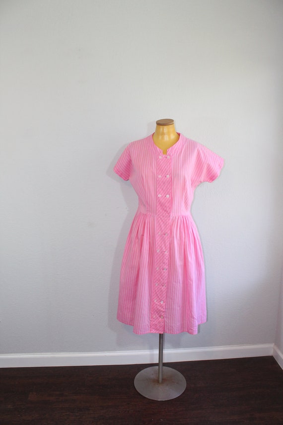 1960s Cotton Candy Pink Striped Shirtdress // Med… - image 3