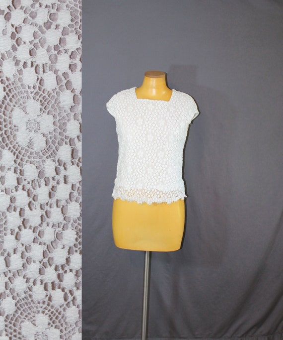 1960s Adelaar Lace Cap Sleeve White Blouse // Ext… - image 1