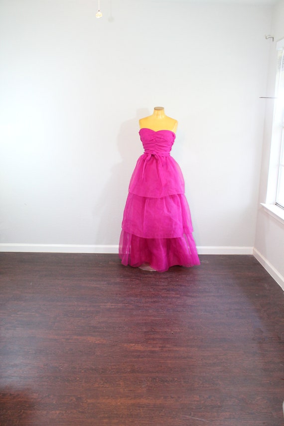 1970s Raspberry Chiffon Tiered Strapless Ball Gown