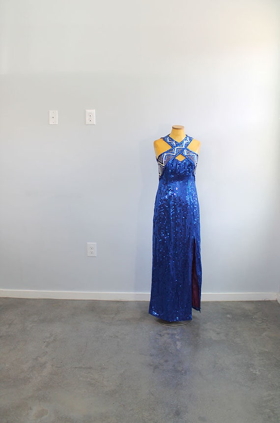 sapphire blue sequin dress LESLIE V NECK LONG BALLOON SLEEVE SEQUIN DRESS