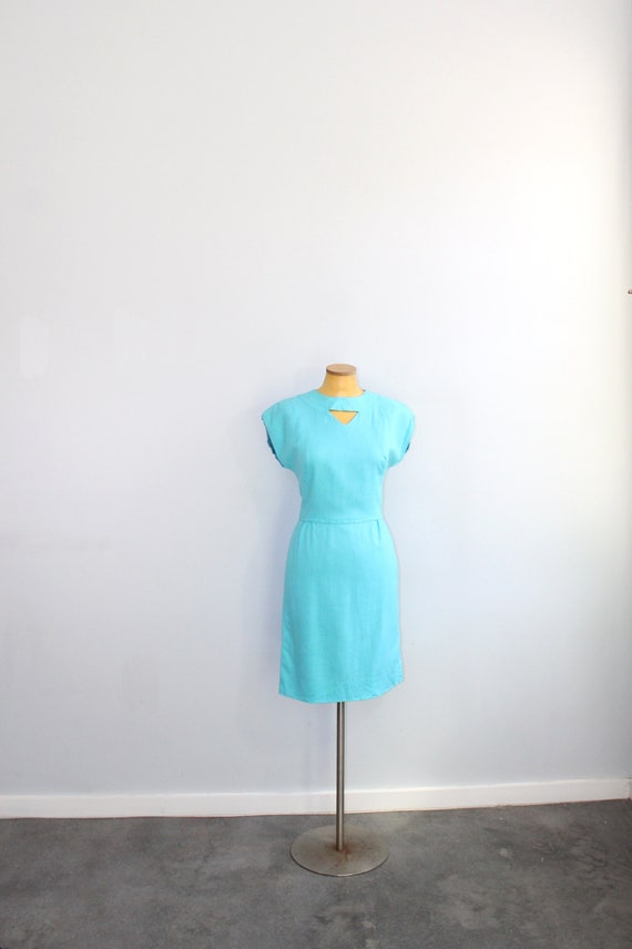 1960s Turquoise Keyhole Dress  // Size Large - image 1