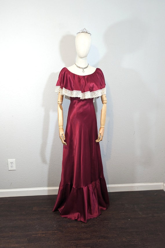 1970s Lorrie Deb Burgundy Satin Ruffle Bodice Prom