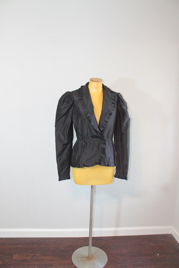 1980s Does Victorian Taffeta Structured Black Wrap