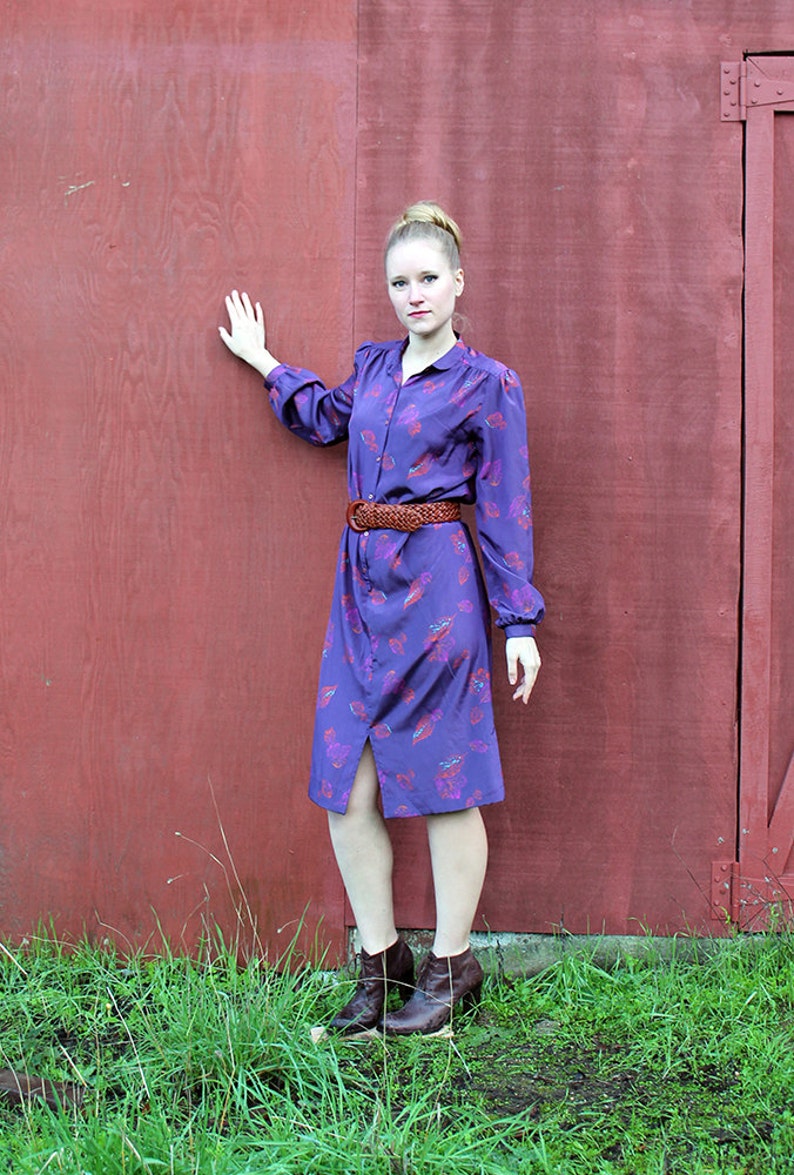 1960s I Magnin Silky Shirt Dress with Leaves Long Sleeves Medium or Large